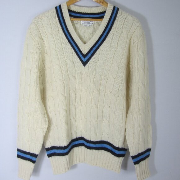 Vtg Davison's Bermuda Large Ivory Navy Blue Wool Cable Knit V Neck Sweater Golf - Picture 1 of 9